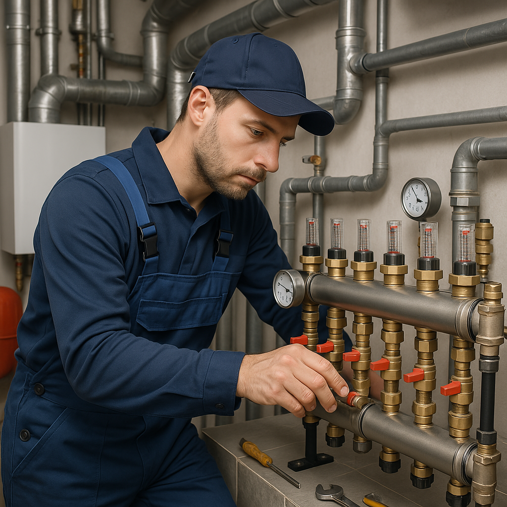 Visualisierung eines Heizsystems mit markierten Heizkreisen zur Darstellung des hydraulischen Abgleichs.