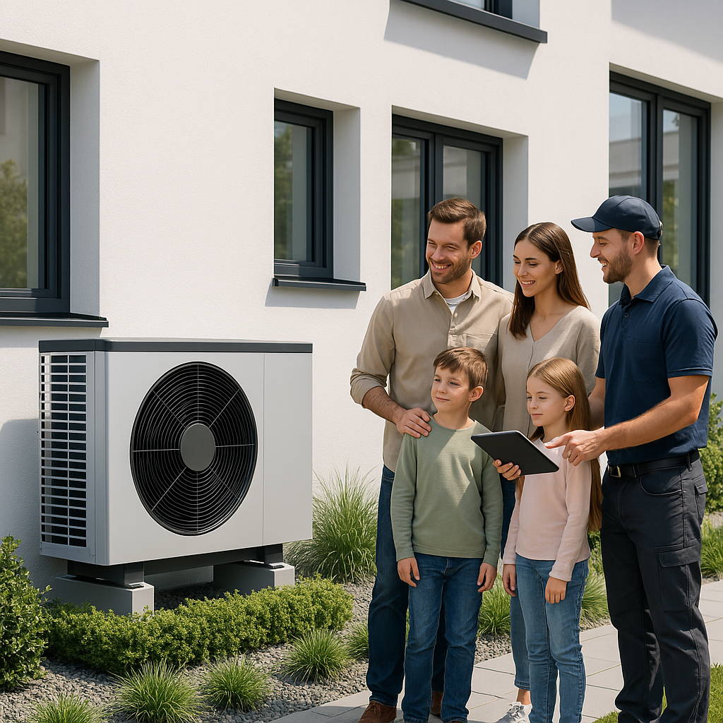 Berater steht mit Hausbesitzern im Garten und erklärt die Platzierung der Außeneinheit einer Wärmepumpe.